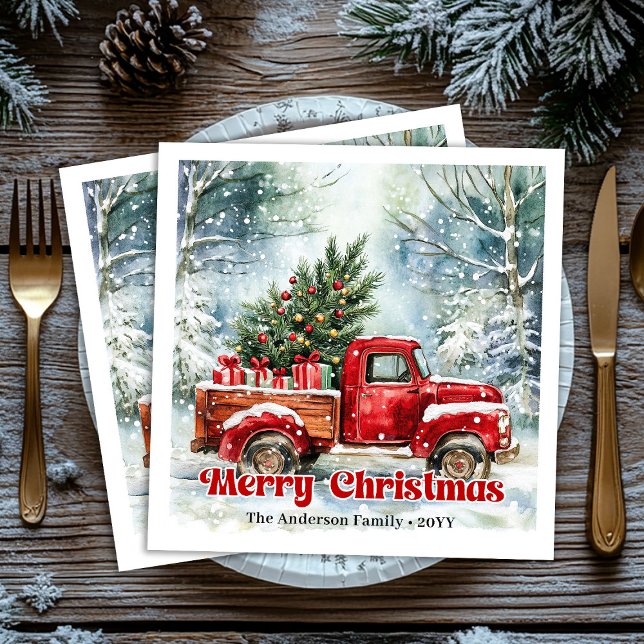Modern red truck Christmas scene rustic napkins  (Modern red truck Christmas scene rustic napkins set)