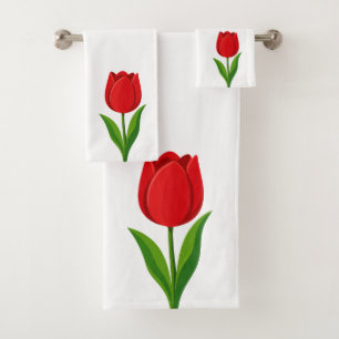 Modern Red Tulip Flower on White Bath Towel Set