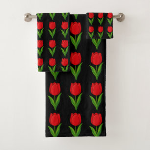 Modern Red Tulip Flower Pattern on Black Bath Towel Set