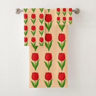 Modern Red Tulip Flower Pattern on Orange Bath Towel Set