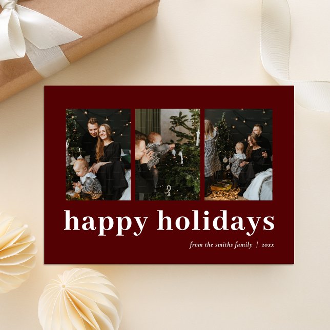Modern Red Typography Happy Holidays Photo Collage Holiday Card (Creator Uploaded)