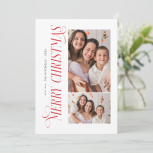 Modern Red Typography Merry Christmas 3 Photo Holiday Card