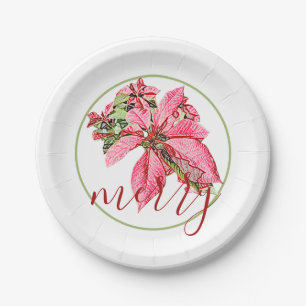 Modern Red Vintage Merry Poinsettia Holiday Paper Plate