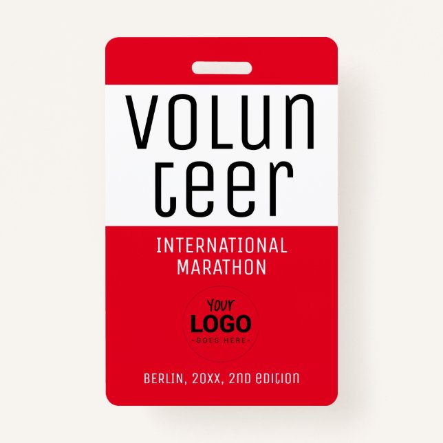Modern Red Volunteer ID Logo QR Code ID Badge (Front)