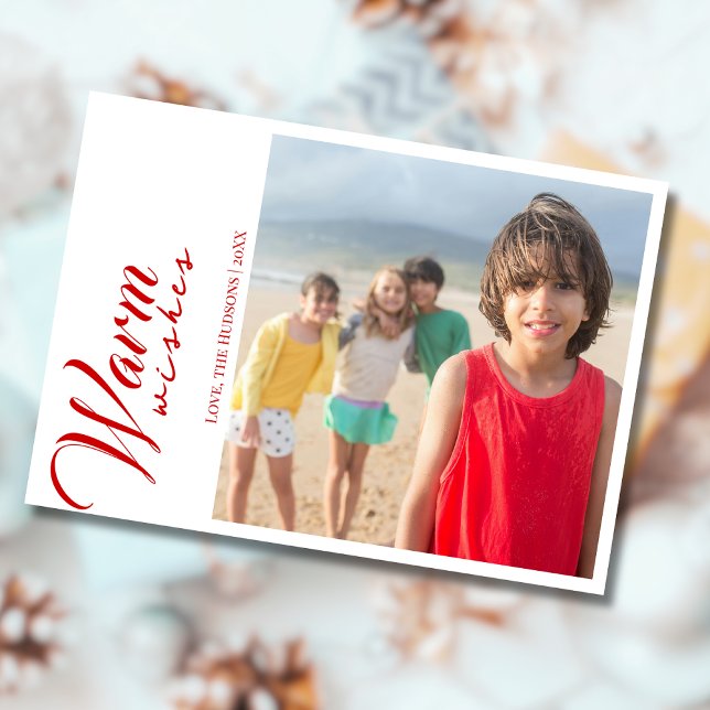Modern Red Warm Wishes Two Beach Family Photo  Holiday Card (Creator Uploaded)