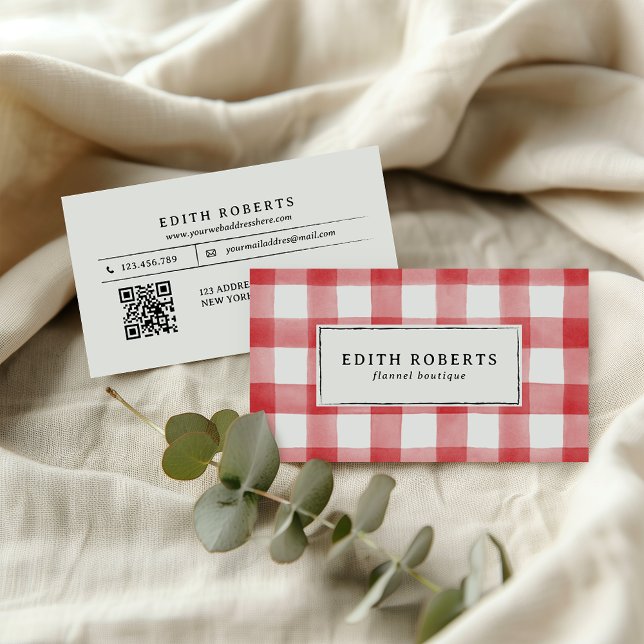Modern Red Watercolor Buffalo Plaid QR CODE Business Card (Creator Uploaded)