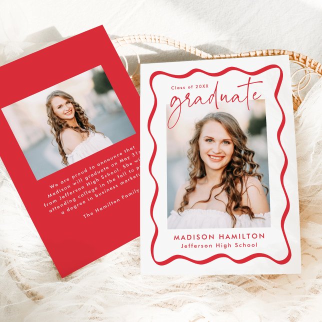 Modern Red Wavy Frame 2 Photo Graduation Announcement (Creator Uploaded)