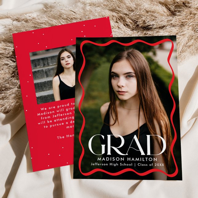 Modern Red Wavy Frame Grad 2 Photo Graduation Announcement (Creator Uploaded)