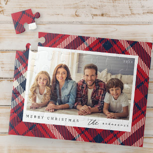 Modern Red White Blue Plaid Christmas Family Photo Jigsaw Puzzle