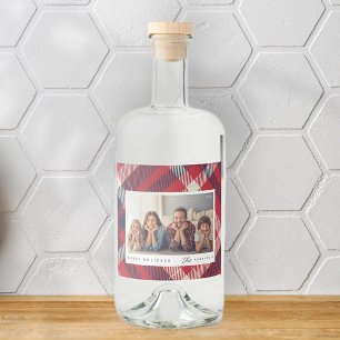 Modern Red White Blue Plaid Christmas Family Photo Liquor Bottle Label