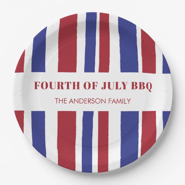 Modern Red White Blue Stripes 4th July BBQ Party Paper Plate (Front)