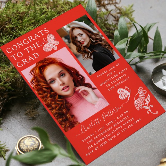 Modern Red White Butterfly Photo Graduation Party Invitation (Creator Uploaded)