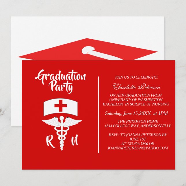 Modern Red & White Caduceus Nurse Graduation Party Invitation (Front/Back)