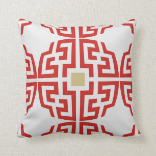 Modern red white chinoiserie chic geometric pillow