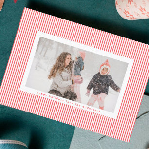Modern Red White Christmas Frame Stripes Photo Holiday Card