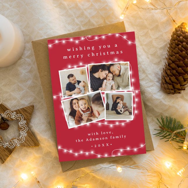 Modern Red White Christmas Lights 4 Photo Collage Holiday Card (Creator Uploaded)