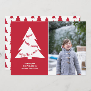 Modern Red White Christmas Tree with Custom Photo Holiday Card
