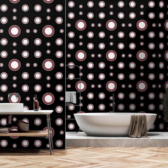 Modern Red White Circle Pattern Black Wallpaper (Bathroom)