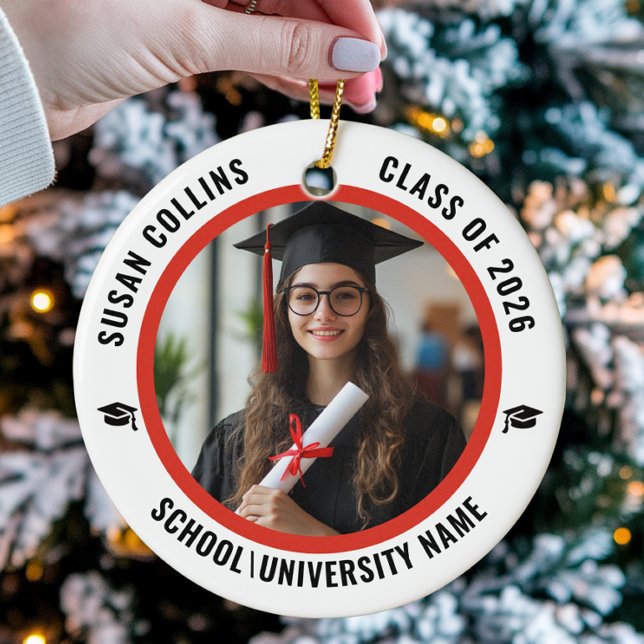Modern Red & White Custom Photo Graduation Ceramic Ornament (Creator Uploaded)