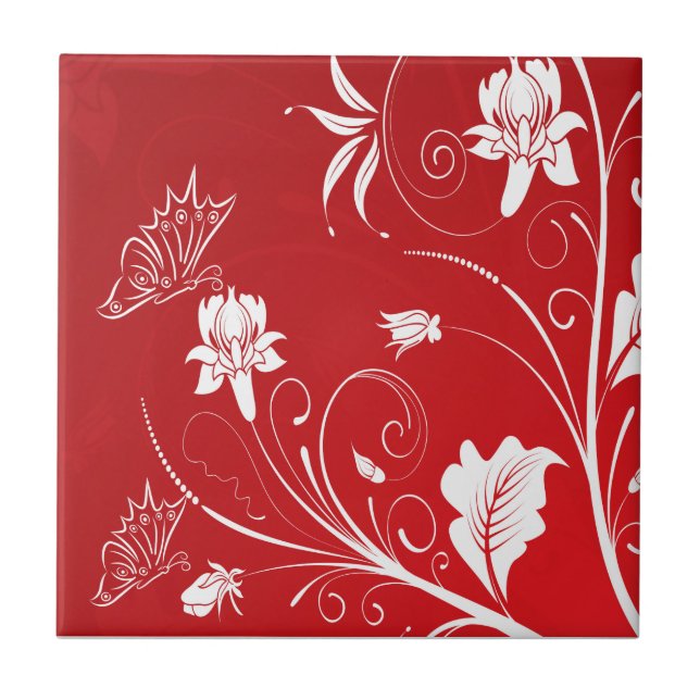 Modern Red & White Floral Ceramic Tile (Front)