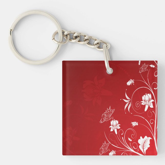 Modern Red & White Floral Key Ring (Front)
