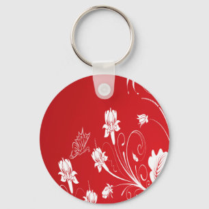 Modern Red & White Floral Key Ring