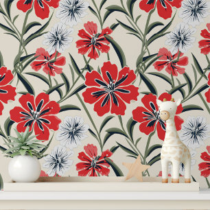 Modern Red White Floral Pattern Wallpaper