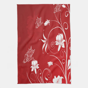Modern Red & White Floral Tea Towel