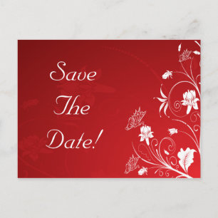 Modern Red & White Floral Wedding Save The Date Announcement Postcard