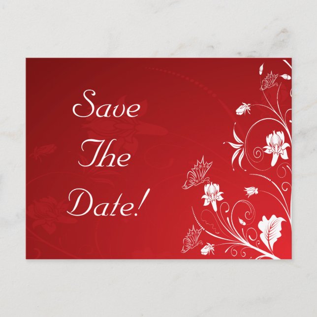 Modern Red & White Floral Wedding Save The Date Announcement Postcard (Front)
