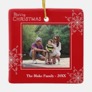 Modern Red White Frame Family Photo Christmas Ceramic Ornament