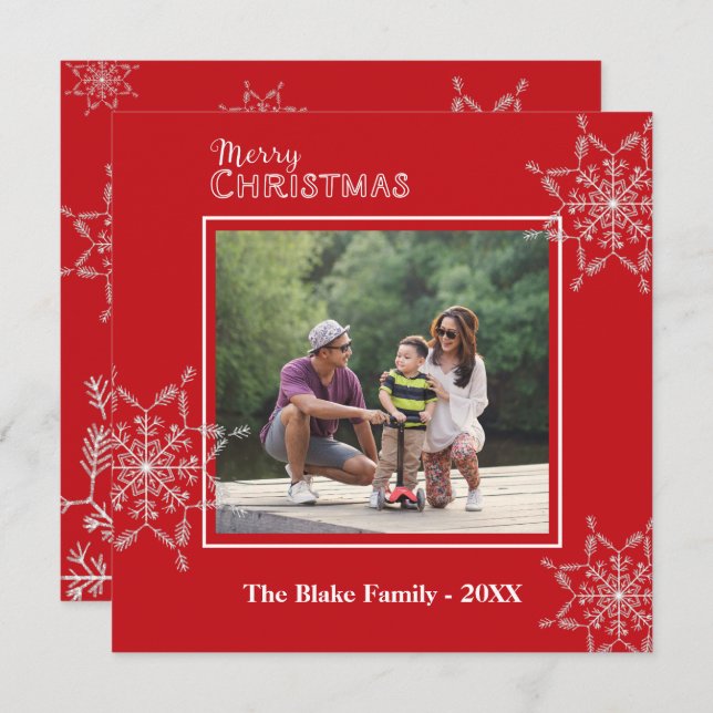Modern Red White Frame Family Photo Christmas Holiday Card (Front/Back)