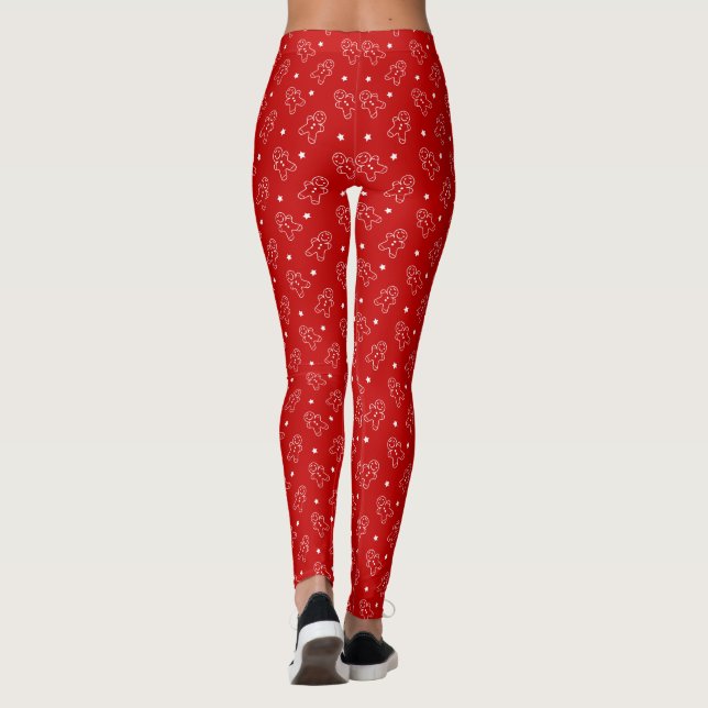 Modern Red & White Gingerbread Pattern Long Leggings (Back)