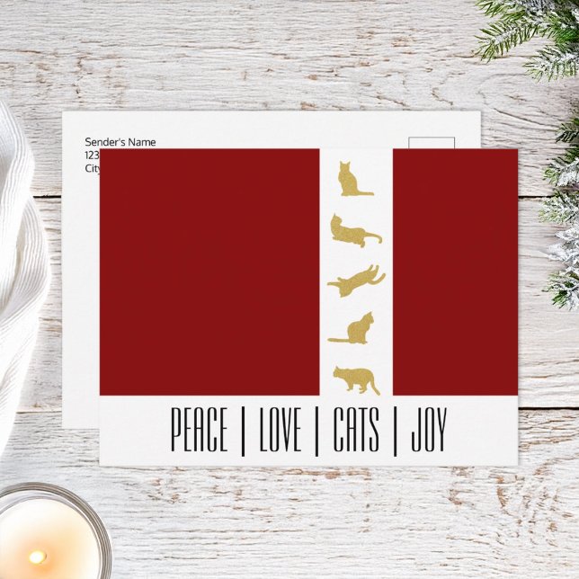 Modern Red White Gold Cat Christmas Holiday Postcard (Creator Uploaded)