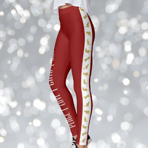 Modern Red White Gold Cat Christmas Leggings