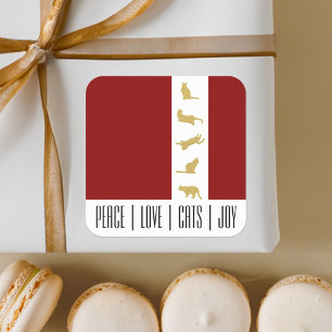 Modern Red White Gold Cat Christmas Square Sticker
