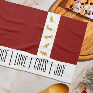 Modern Red White Gold Cat Lover Christmas Tea Towel