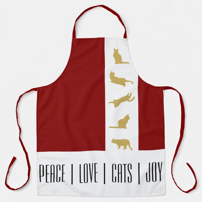 Modern Red White Gold Christmas Cat Apron (Front)