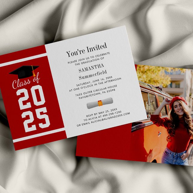 Modern Red White Grad Photo Graduation 2026 Invitation (Graduation 2025 Photo Red and White Party Invitation)