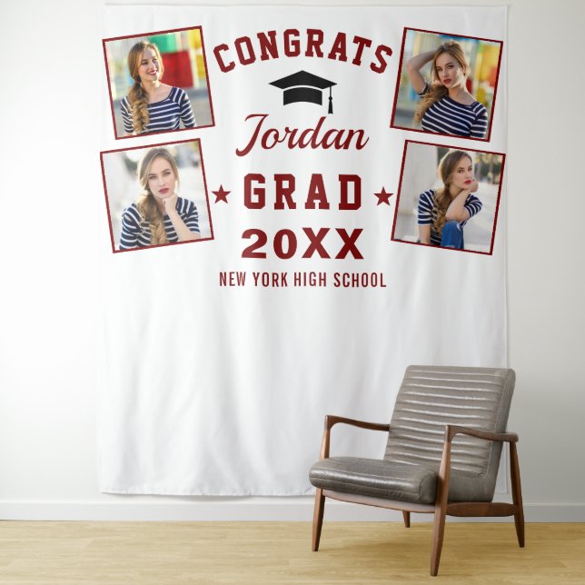 Modern Red White Graduation 4 Photo Booth Backdrop Tapestry (In Situ)