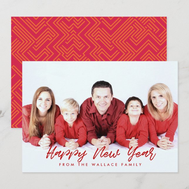 Modern red & white Happy New Year family photo Holiday Card (Front/Back)