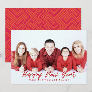 Modern red & white Happy New Year family photo Holiday Card