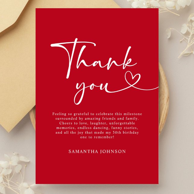 Modern Red White Hello 30th Birthday Thank You Card (Creator Uploaded)