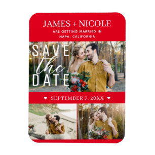 Modern Red & White Save the Date Wedding 3 Photos Magnet