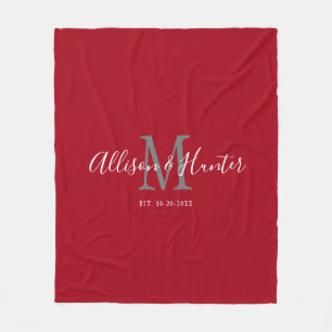 Modern Red White Script Couples Monogrammed Name Fleece Blanket