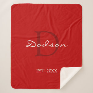 Modern Red White Script Family Monogram Name Sherpa Blanket