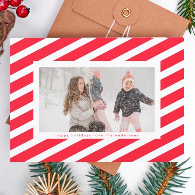 Modern Red & White Stripe Candy Cane Frame Photo Holiday Card (Creator Uploaded)