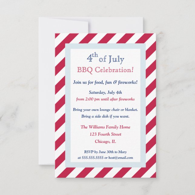 Modern Red White Stripes 4th of July BBQ Party Invitation (Front)