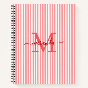 Modern Red & White Stripes Monogram Name Notebook