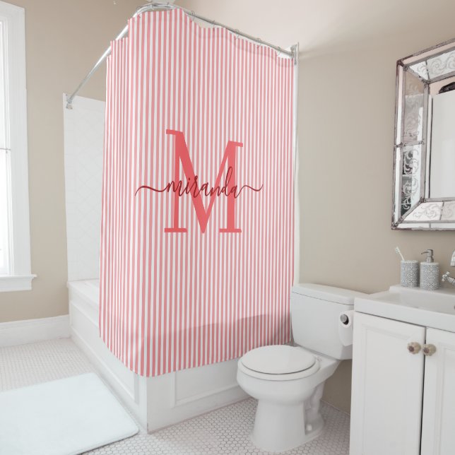 Modern Red & White Stripes Monogram Name Shower Curtain (In Situ)